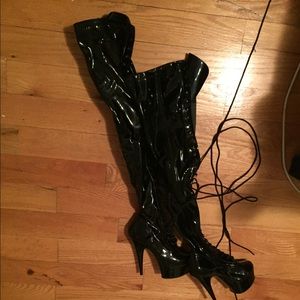 Pleaser thigh high patent leather platform boots